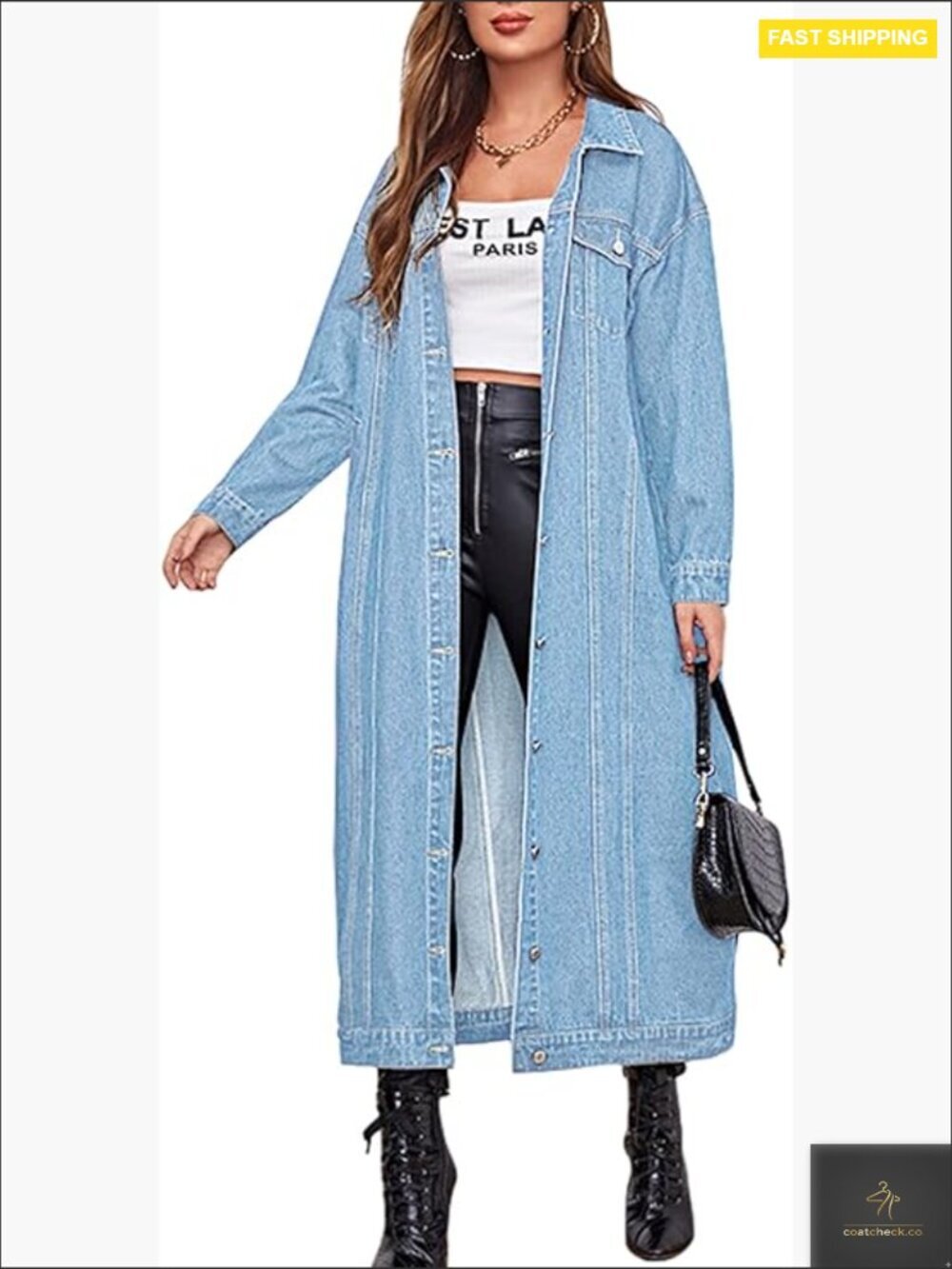 Vintage Long Denim Trench Coat Classic Button Down Loose Fit Spring Jacket